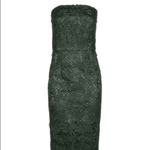 Topshop Strapless Dark Green Lace Midi Dress